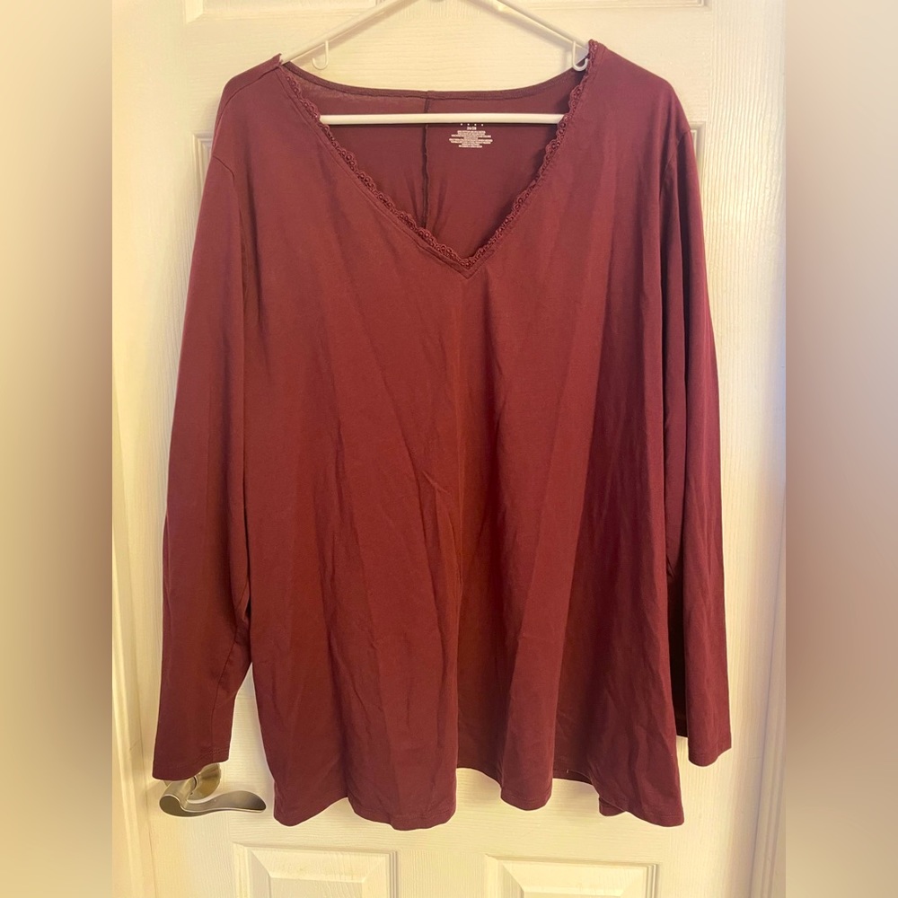 Cranberry colored Long-sleeved scalloped neckline top